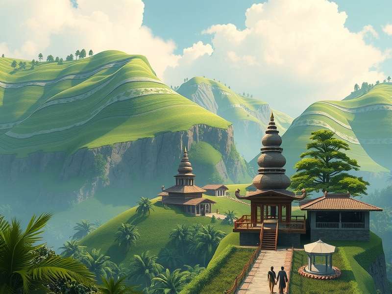 Assamese Hill Retreat gameplay screenshot showing lush green hills and traditional architecture